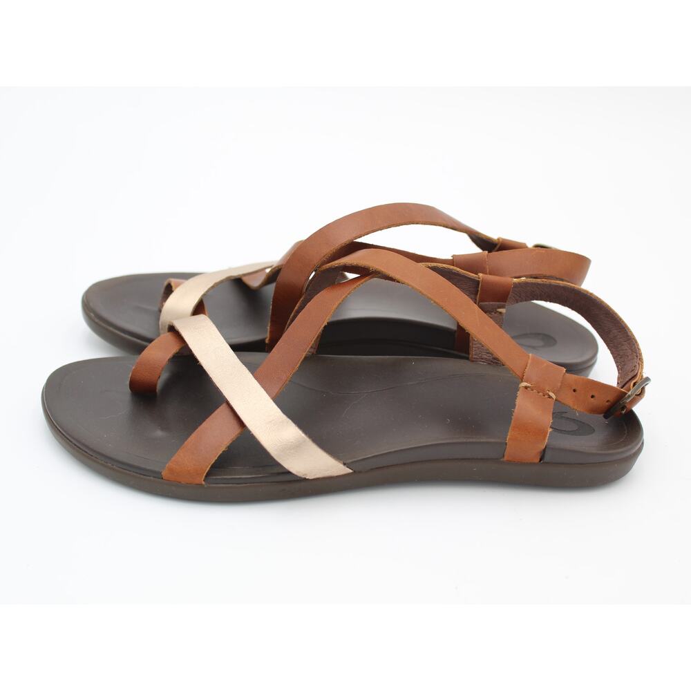 OluKai Upena Sandals Womens 10 Brown Gold Leather Strappy Comfort Beach Resort - Picture 2 of 7